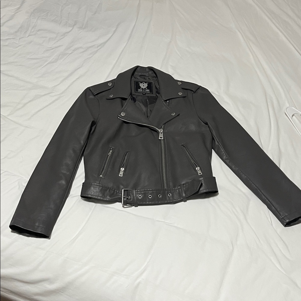 Sleek Grey Leather Biker Jacket